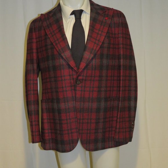 Isaia Dandy Double Face Ferdinando Cashmere Blend Burgundy Plaid Blazer 46R NWT - Picture 2 of 14